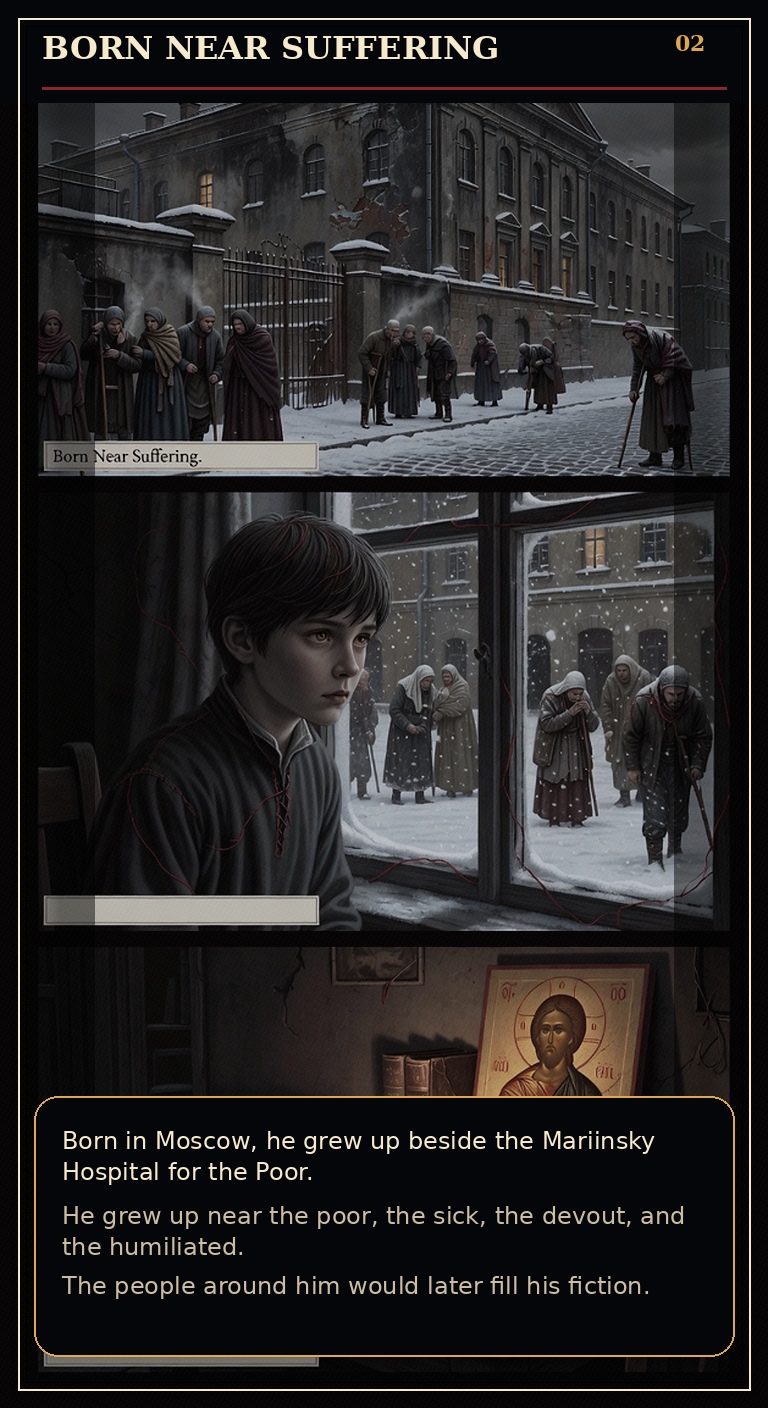 Page 2 of Fyodor Mikhailovich Dostoyevsky: Borrowed Time - Early life near suffering and institutions of poverty.