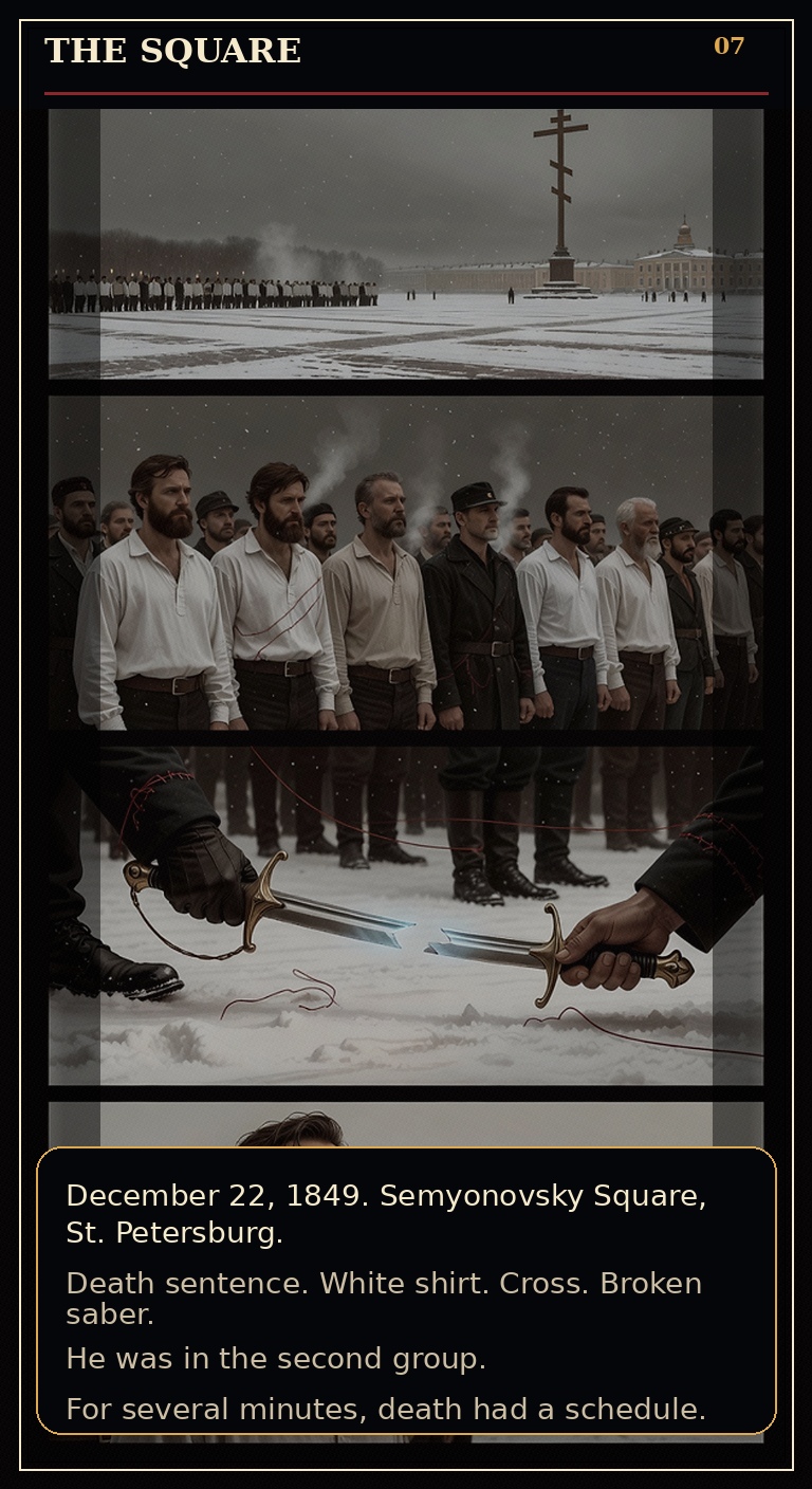 Page 7 of Fyodor Mikhailovich Dostoyevsky: Borrowed Time - Semyonovsky Square becomes the stage for a firing-squad ritual.