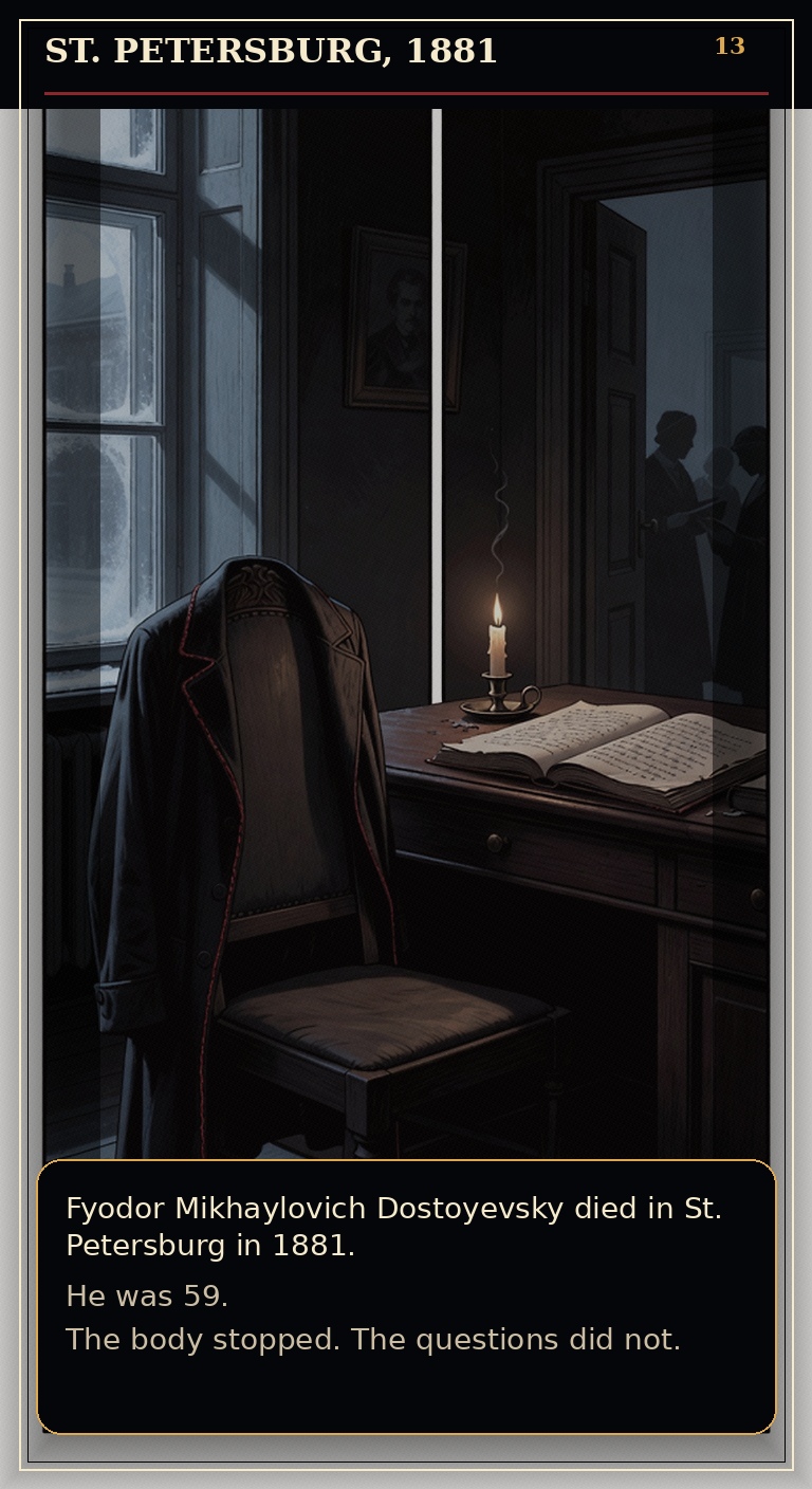 Page 13 of Fyodor Mikhailovich Dostoyevsky: Borrowed Time - St. Petersburg and 1881 frame the end of the life.