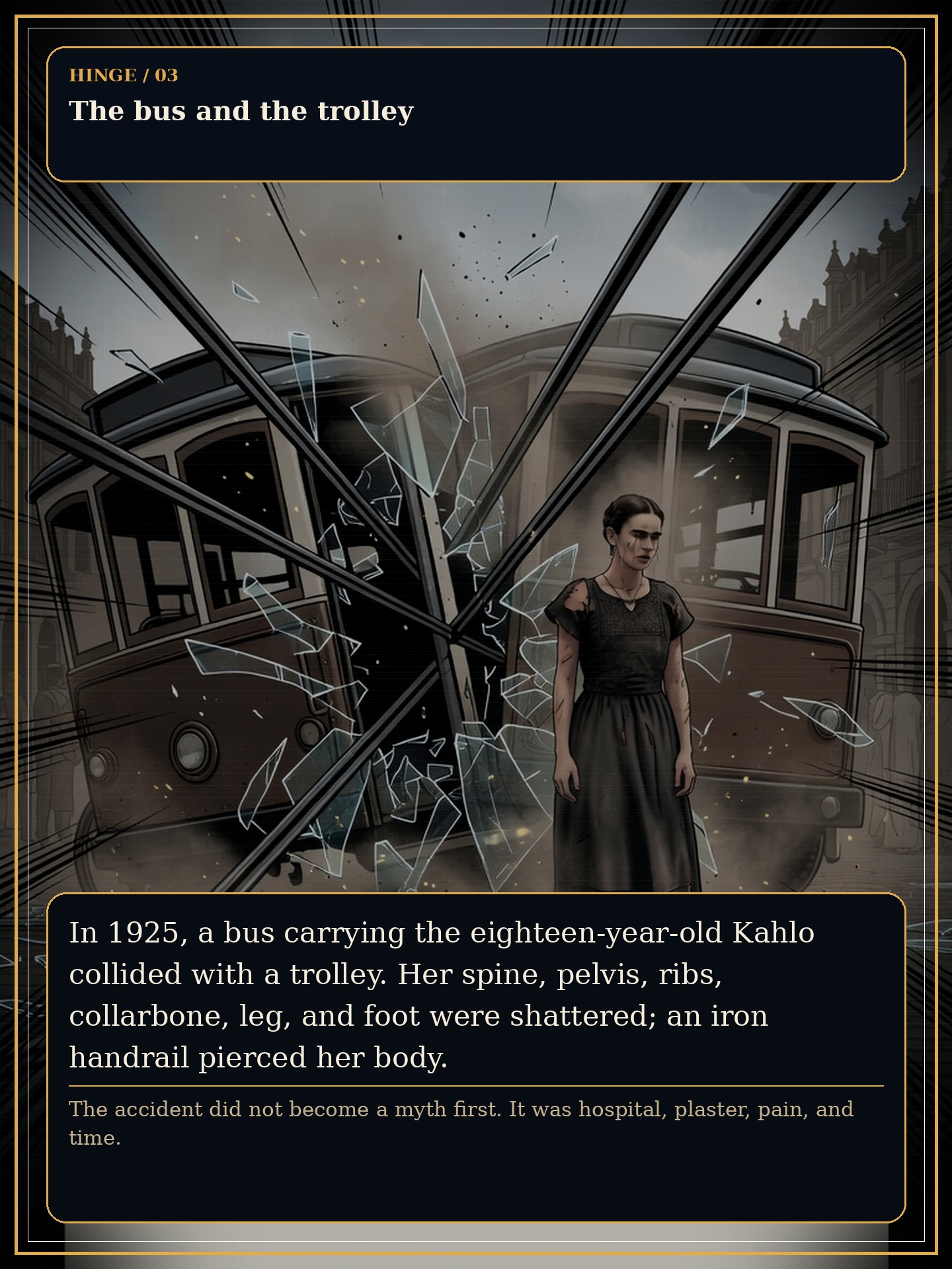 Page 3 of Frida Kahlo: The Broken Mirror - The 1925 collision becomes the central mortality event of the story.