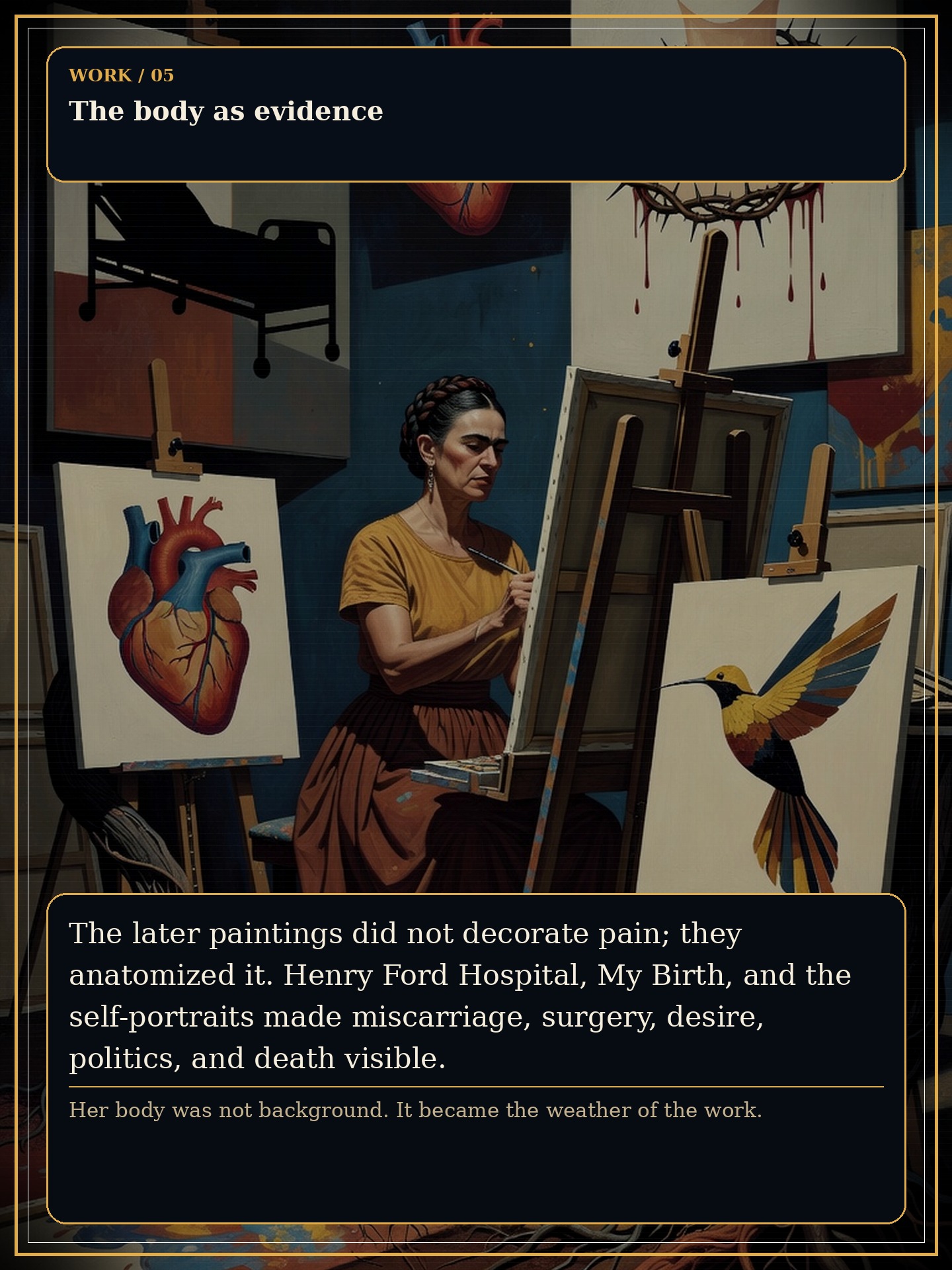 Page 5 of Frida Kahlo: The Broken Mirror - Self-portraiture becomes a way to record pain, identity, and survival without softening them.
