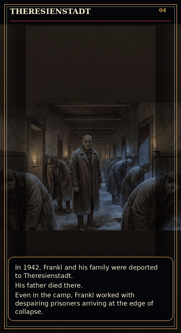 Page 4 of Viktor Emil Frankl: Meaning Under Ash - Auschwitz and transfer to forced labor camps become the story's central mortality pressure.