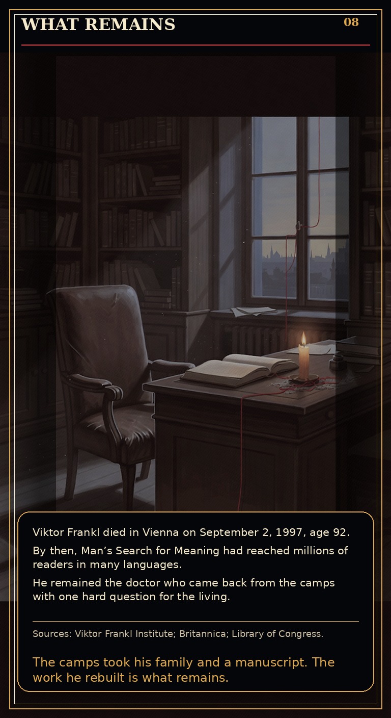 Page 8 of Viktor Emil Frankl: Meaning Under Ash - Closing page on logotherapy and the book that carried the testimony forward.